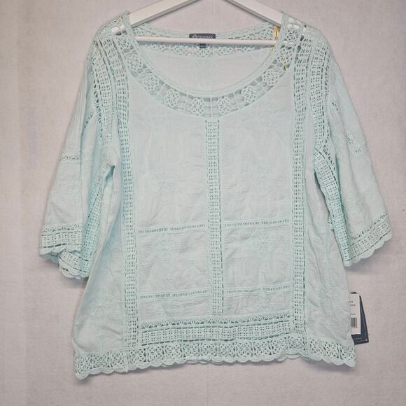 NWT Democracy Seafoam Green Boho Crochet Bell Sleeve Blouse - Picture 1 of 8